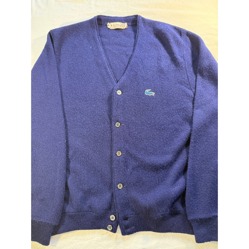Vintage Izod Lacoste Navy Blue Cardigan Sweater V-Neck Made in USA Mens Large